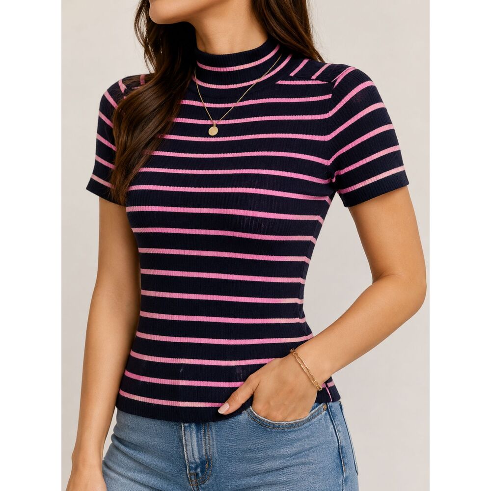 Free Assembly Ribbed Mock Neck Sweater Top Medium Black Pink Striped Knit